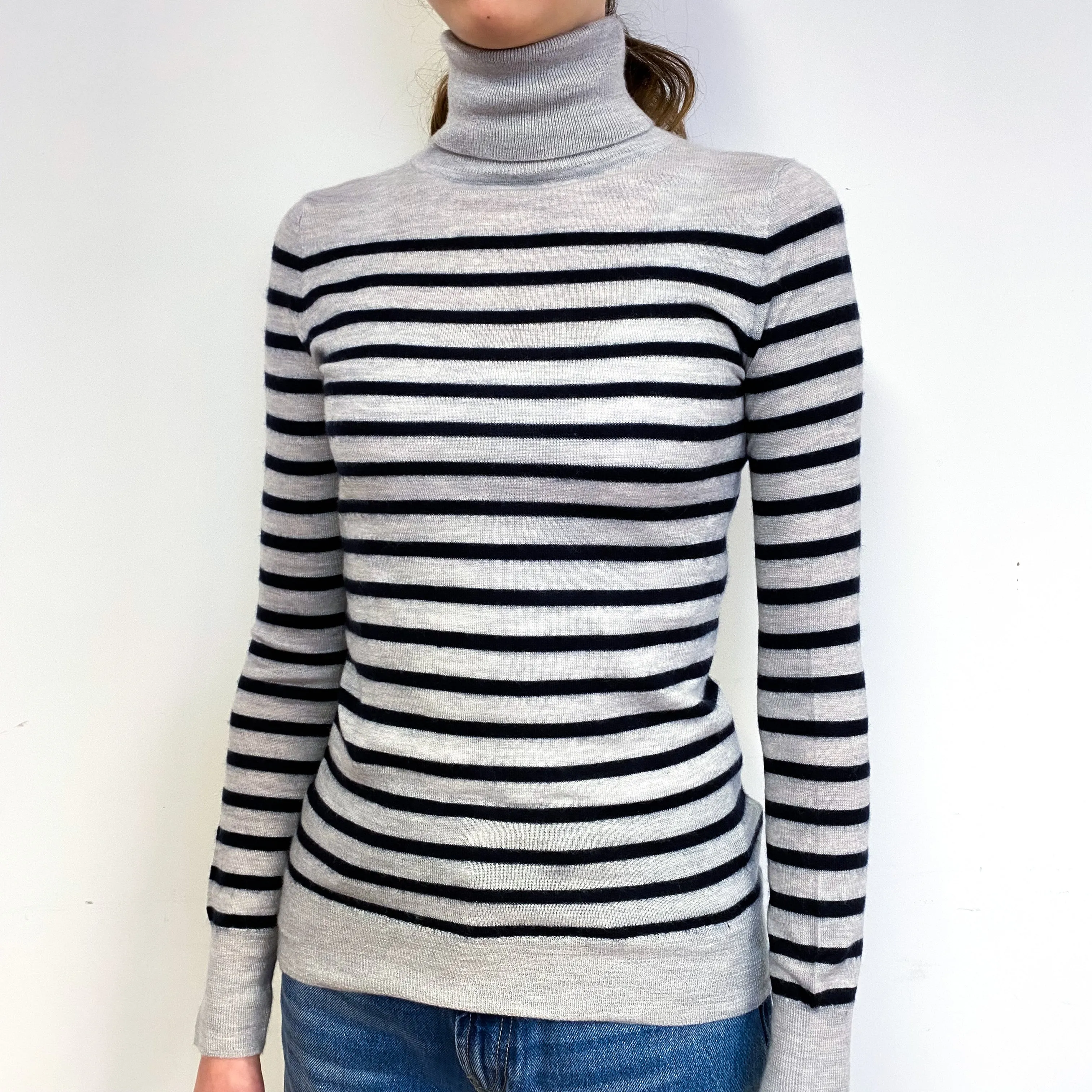 Grey Stripe Fine Knit Cashmere Polo Neck Jumper Extra Extra Small