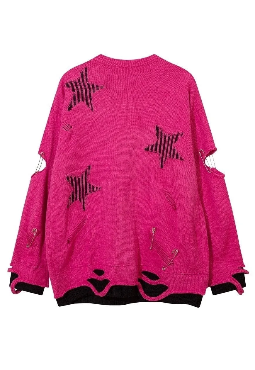 Grunge sweater cutout elbow knitted jumper ripped top pink