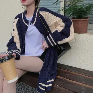 Harajuku Striped Knitted Cardigan Women Oversized Patchwork Sweater Coat Streetwear Vintage Knitwear Korean Zipper Jumper