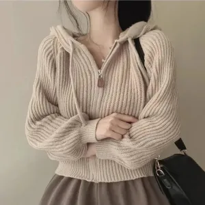 Hnewly Women Long Sleeve Sweater Korean Style Casual Outerwear Woman Fashion Chic Zip Up Cardigan Knit Top Female Hooded Jumper