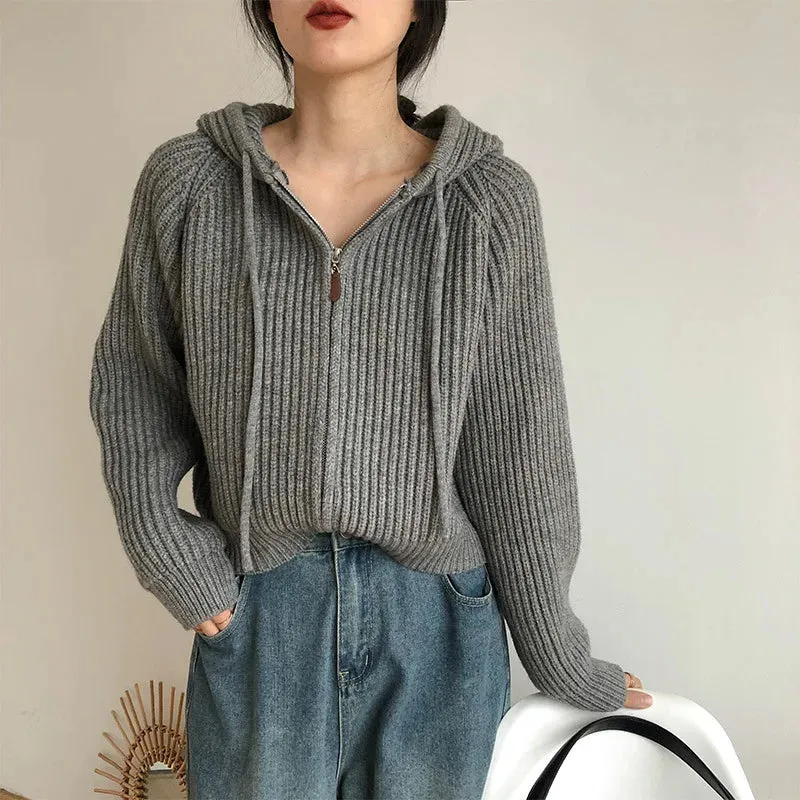 Hnewly Women Long Sleeve Sweater Korean Style Casual Outerwear Woman Fashion Chic Zip Up Cardigan Knit Top Female Hooded Jumper