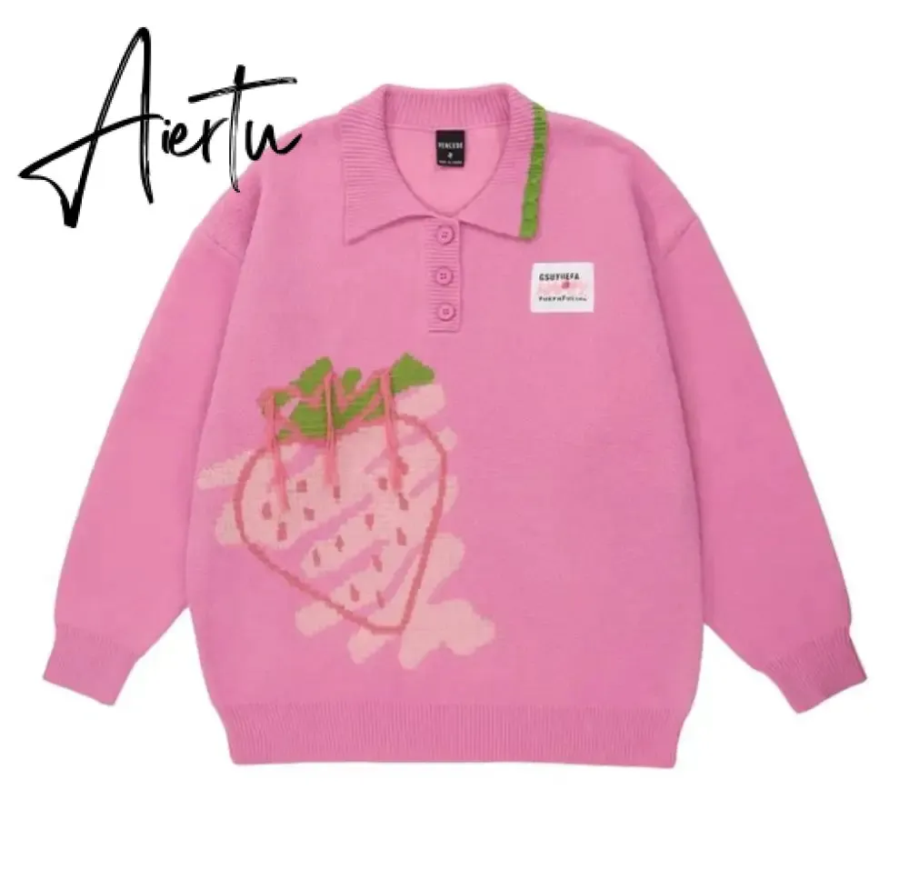 Japanese Kawaii Sweater Women Harajuku Knitted Jumper Loose Casual Strawberry Contrast Knitwear Tops Cute Streetwear