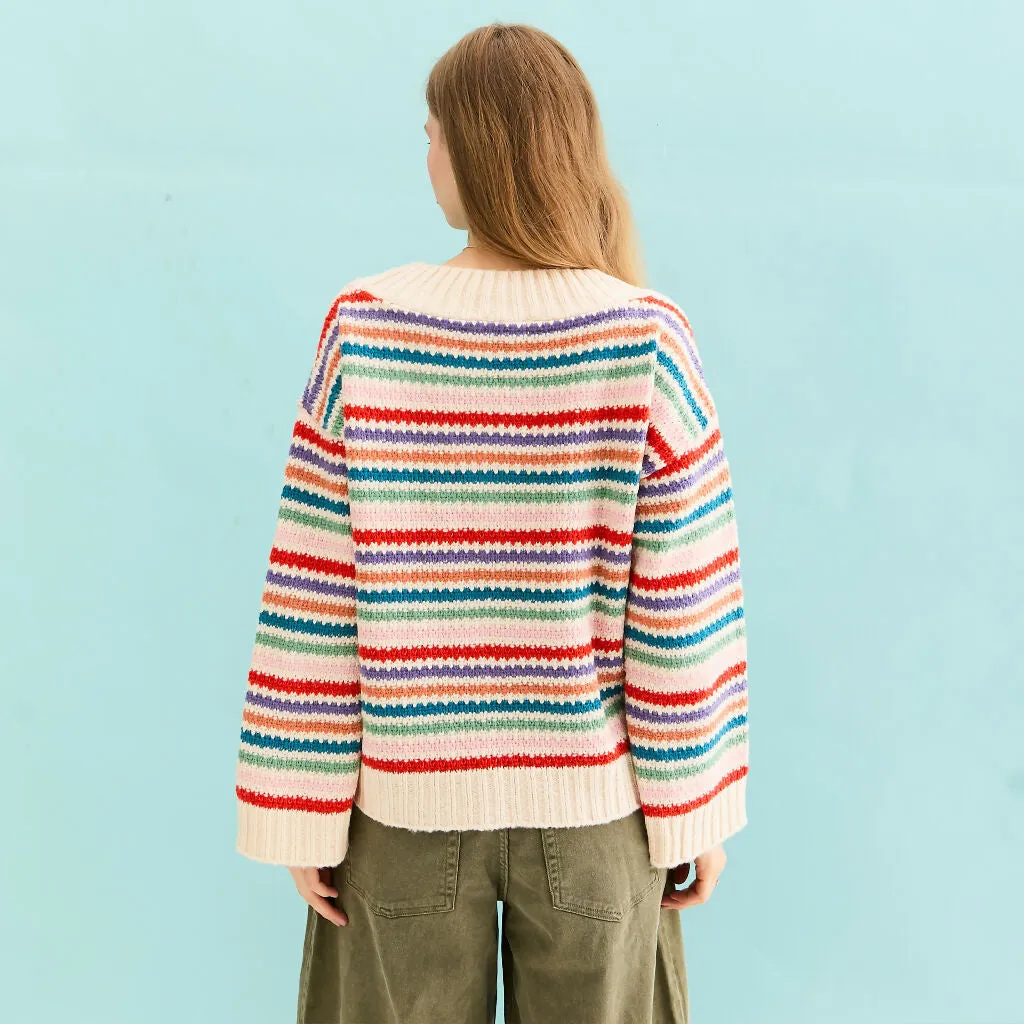 Jasmine Wide Sleeve V Neck Striped Jumper - Off White