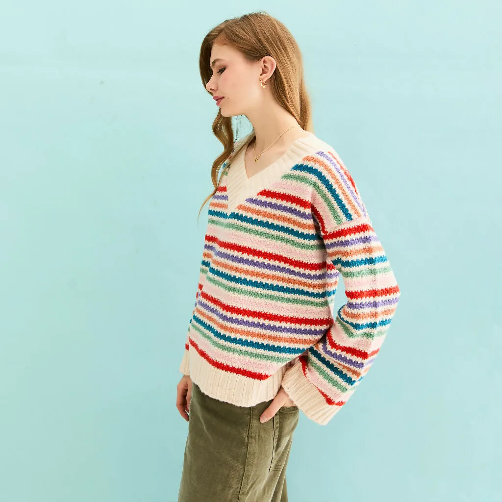 Jasmine Wide Sleeve V Neck Striped Jumper - Off White