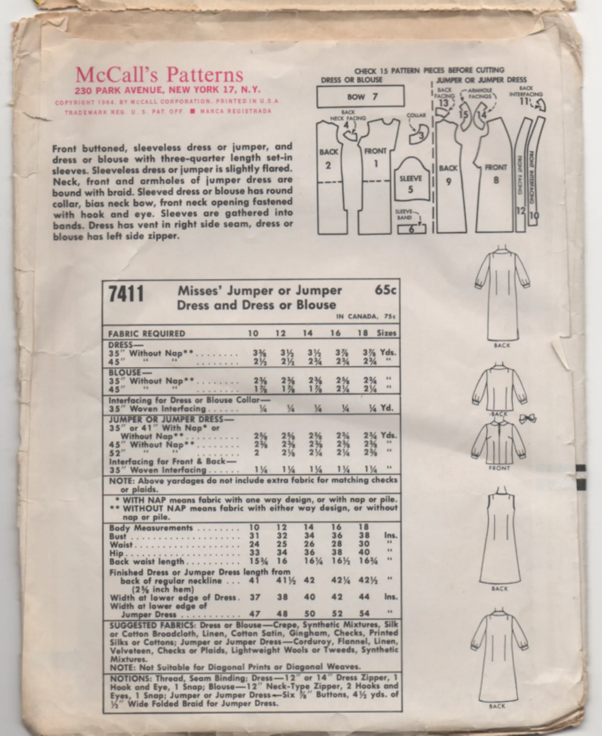 Jumper, Dress & Blouse - Bust 81 cm - Vintage Pattern - McCalls 7411 - 1964