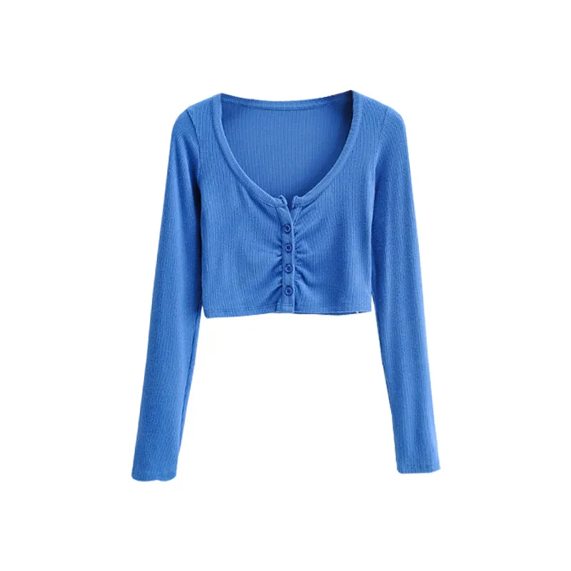 Kiara Solid Color Ribbed Button Up Long Sleeve Slim Cropped Top