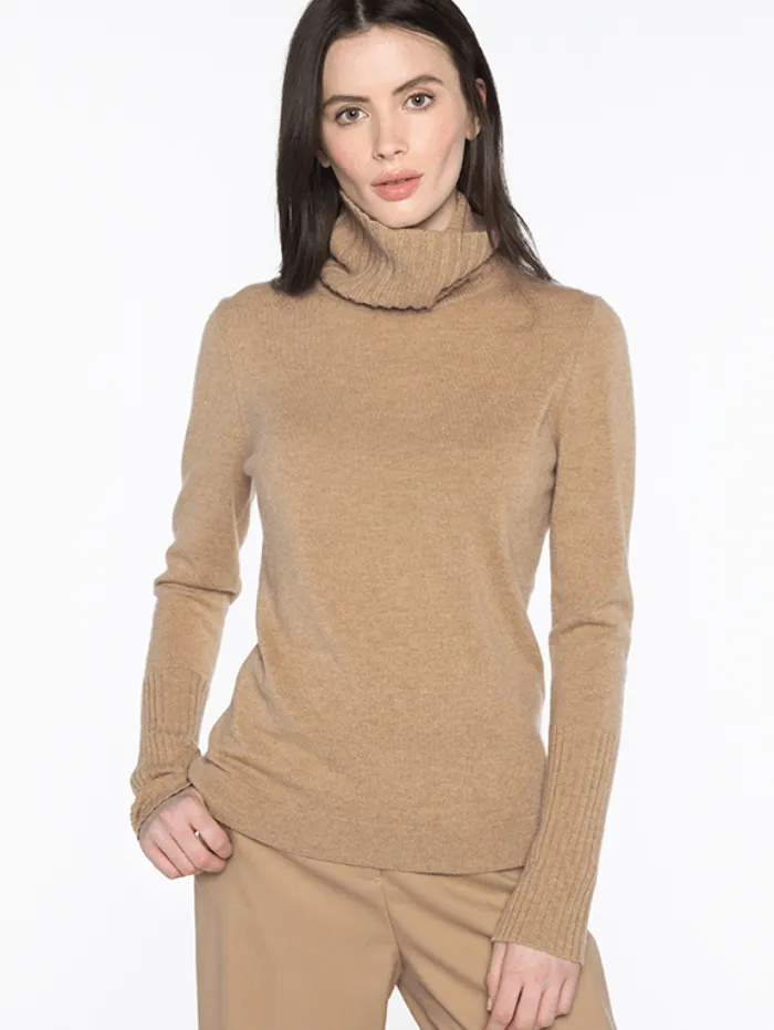 Kinross Cashmere Chunky Trim Turtleneck Jumper In Camel LFSC3-112