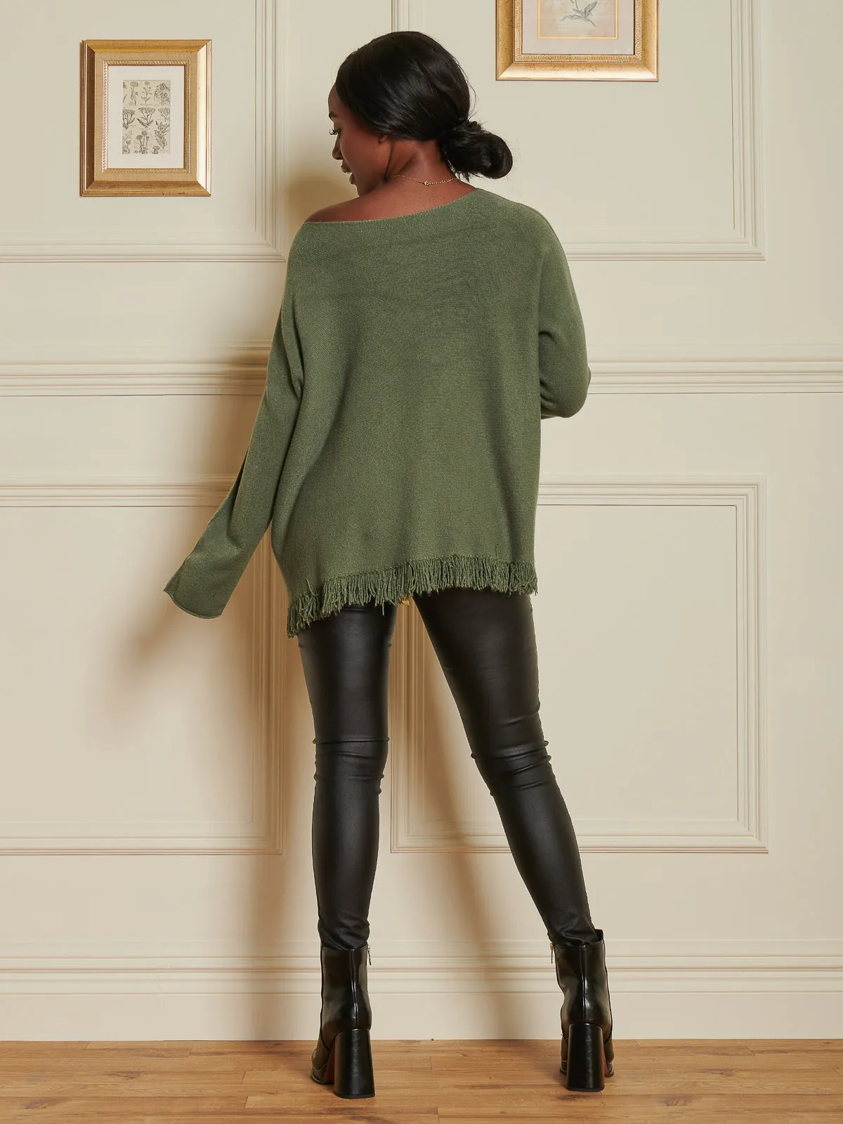 Knitted Fringe Detail Jumper, Soldier Green