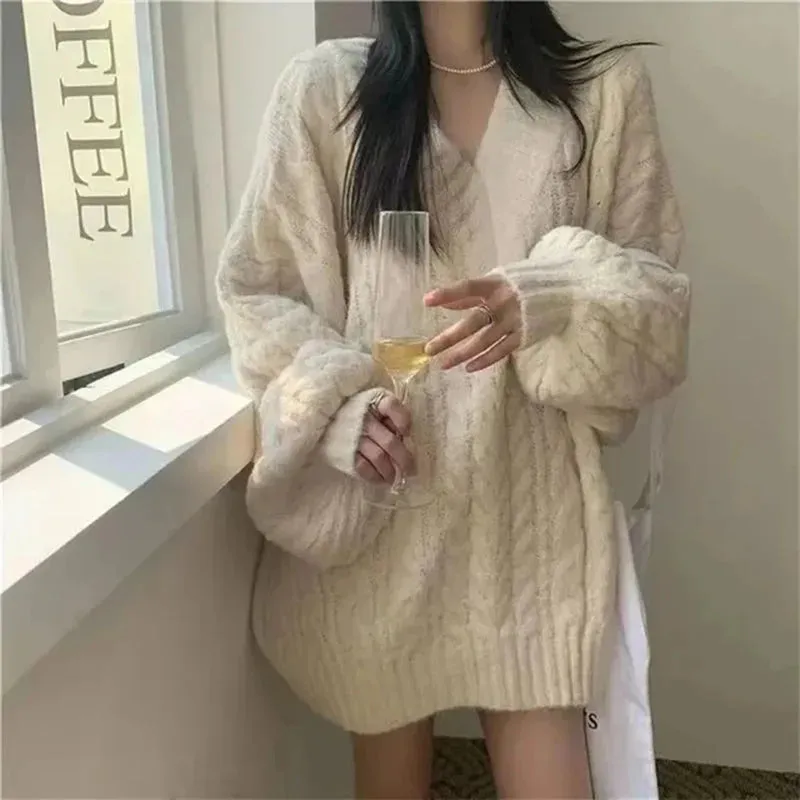 LANFUBEISI Autumn Winter Women Sweater Harajuku Oversized Knitted Pullovers Korean Long Sleeve V Neck Knitwear Preppy Solid Loose Jumper