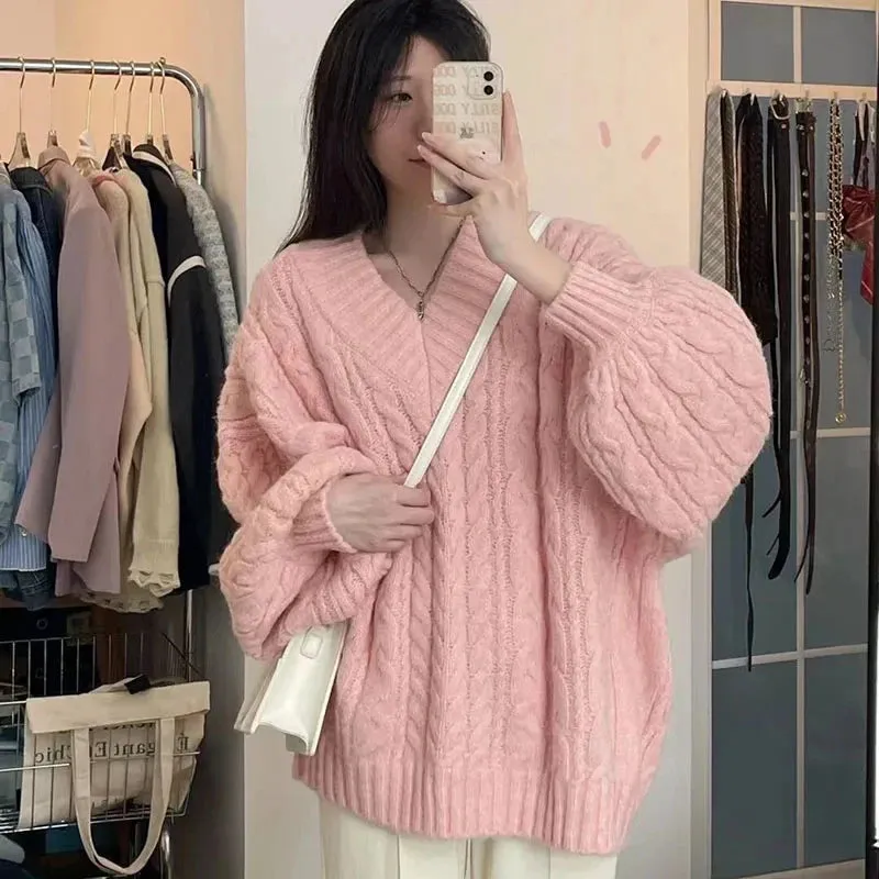 LANFUBEISI Autumn Winter Women Sweater Harajuku Oversized Knitted Pullovers Korean Long Sleeve V Neck Knitwear Preppy Solid Loose Jumper