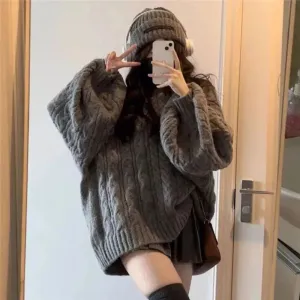 LANFUBEISI Autumn Winter Women Sweater Harajuku Oversized Knitted Pullovers Korean Long Sleeve V Neck Knitwear Preppy Solid Loose Jumper