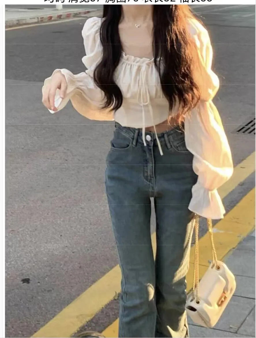 Lia Solid Color White Chiffon Drawstring Long Puffed Sleeve Ruched Cropped Top