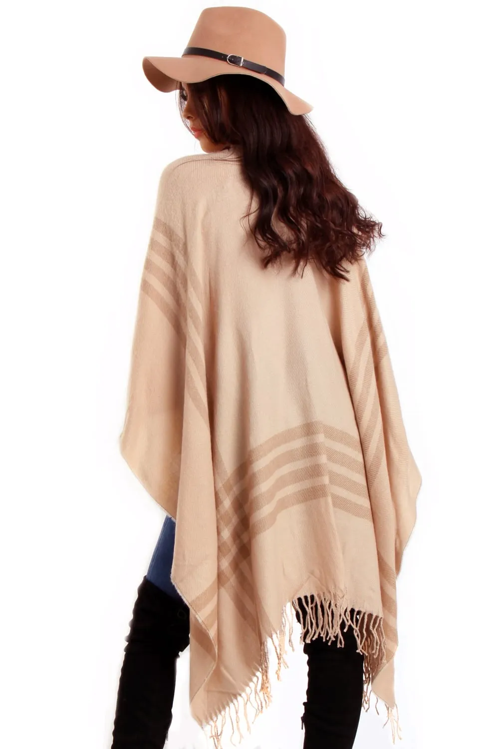 Light Beige Striped Blanket Cape with Tassels