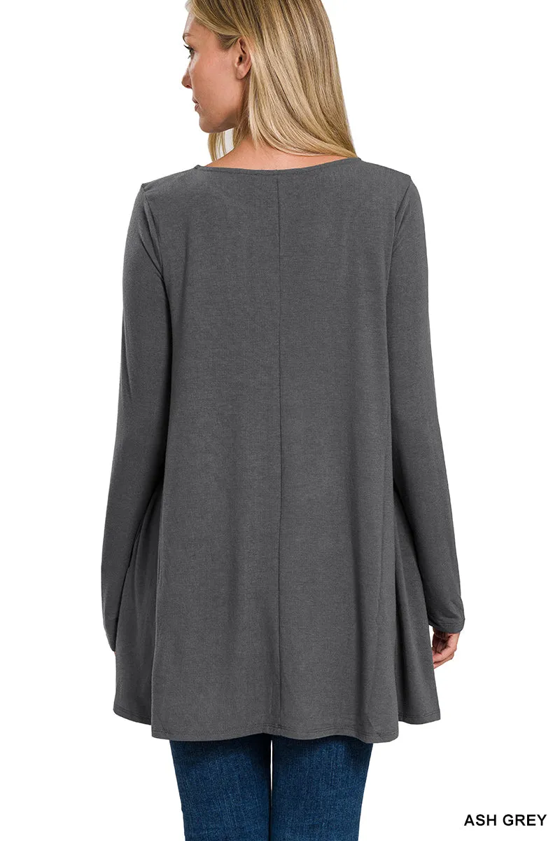 Long Sleeve Flared Top with Pockets by Zenana