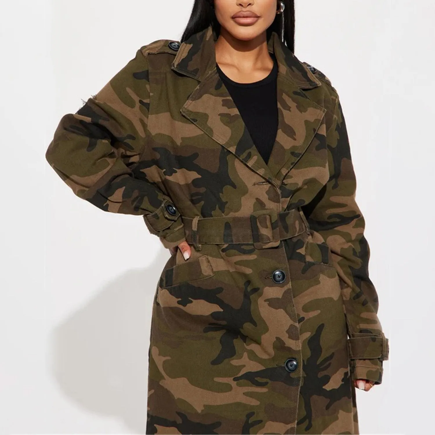 MALYBGG Women's Camouflage Long Trench Coat with Belt and Ripped Holes ZZ-27774