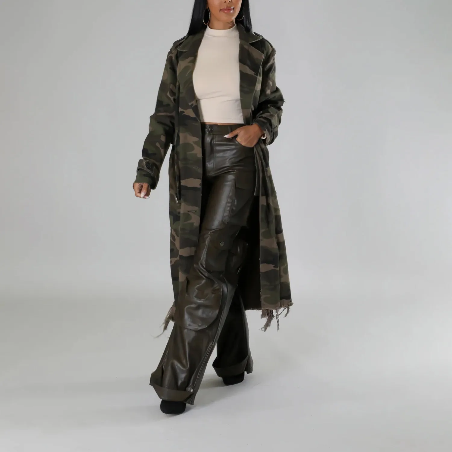 MALYBGG Women's Camouflage Long Trench Coat with Belt and Ripped Holes ZZ-27774