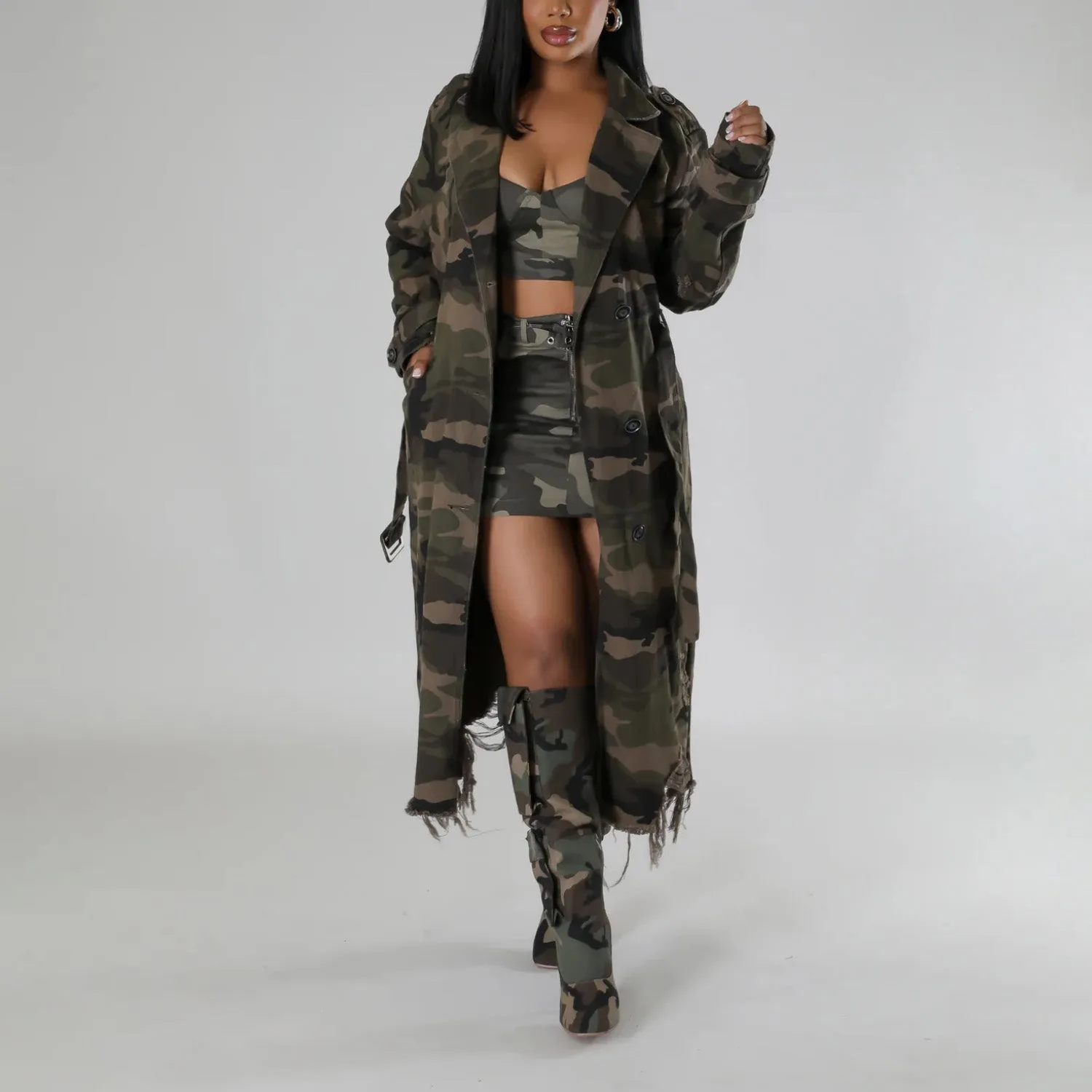 MALYBGG Women's Camouflage Long Trench Coat with Belt and Ripped Holes ZZ-27774