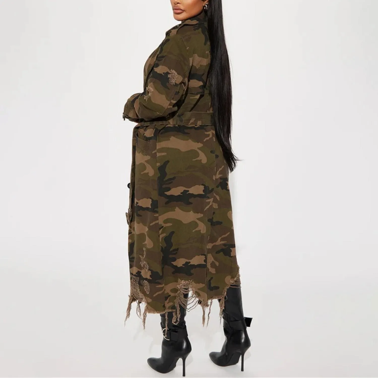 MALYBGG Women's Camouflage Long Trench Coat with Belt and Ripped Holes ZZ-27774