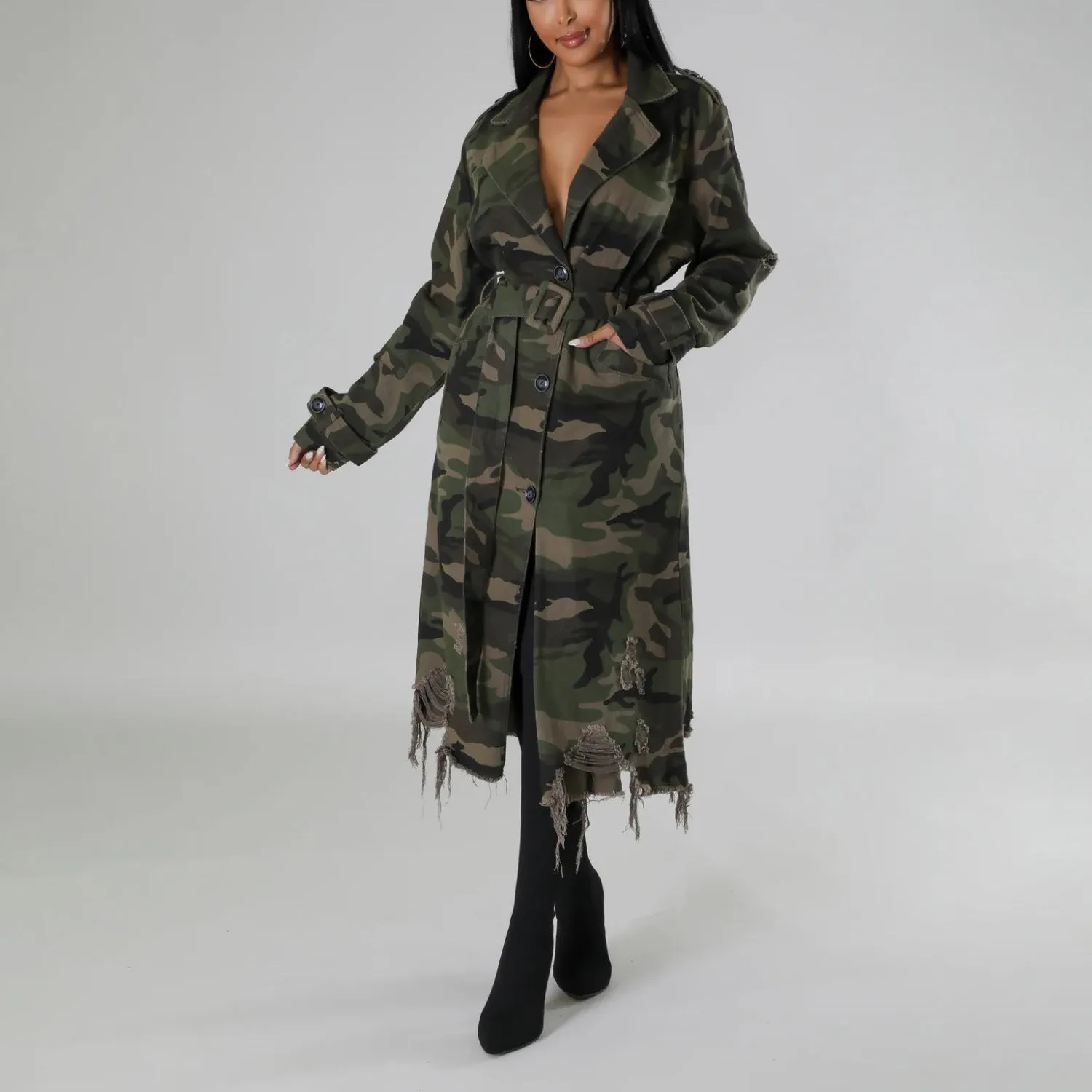 MALYBGG Women's Camouflage Long Trench Coat with Belt and Ripped Holes ZZ-27774