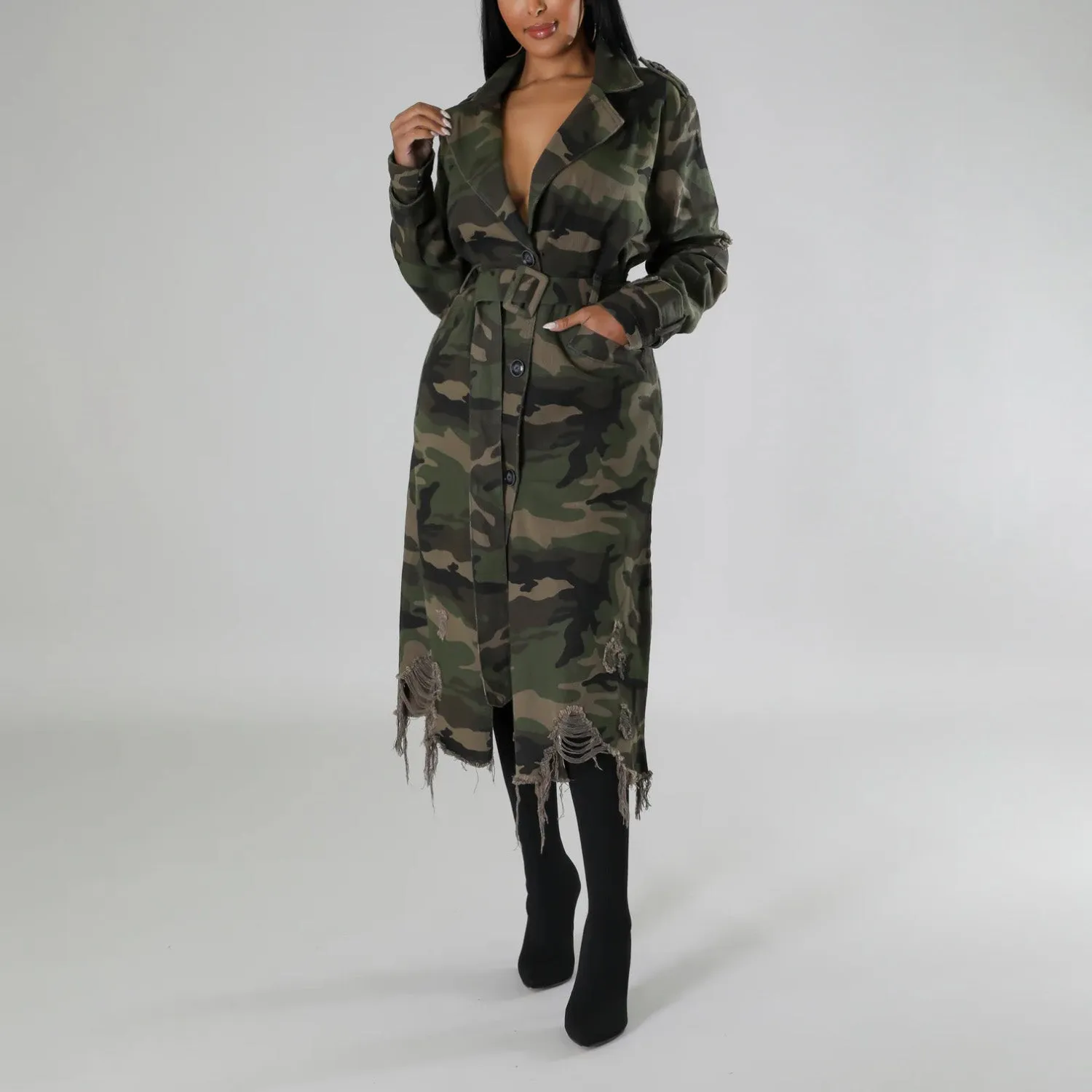 MALYBGG Women's Camouflage Long Trench Coat with Belt and Ripped Holes ZZ-27774