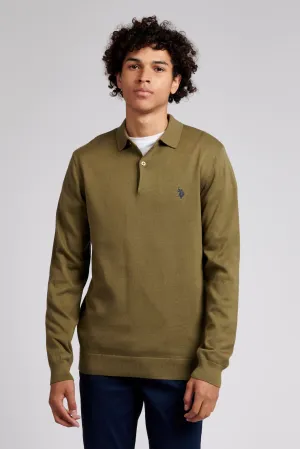 Mens Long Sleeve Knitted Polo Shirt in Burnt Olive