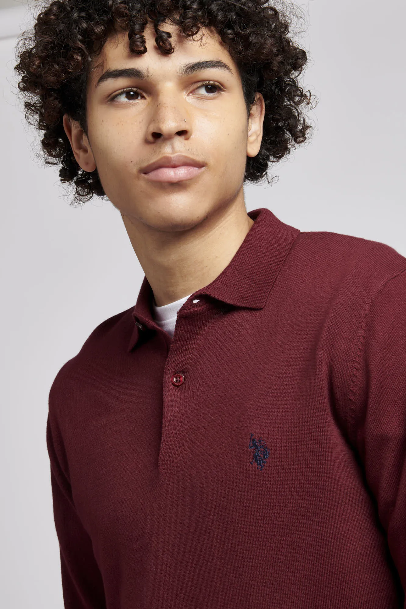 Mens Long Sleeve Knitted Polo Shirt in Windsor Wine