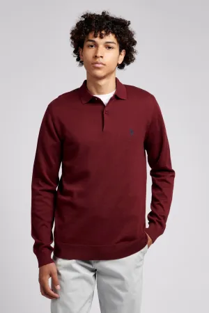 Mens Long Sleeve Knitted Polo Shirt in Windsor Wine