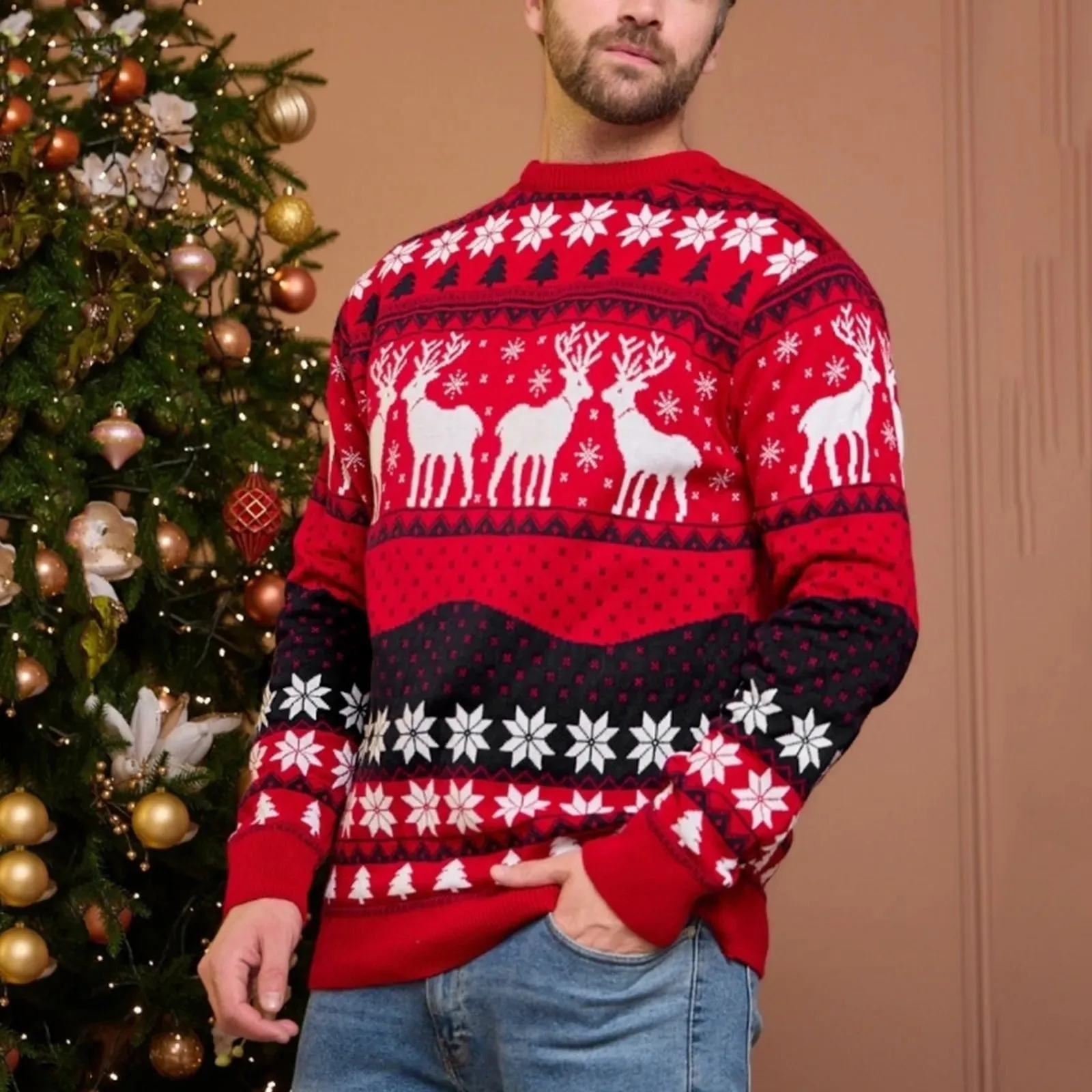 Mens Red Knitted Christmas Jumper