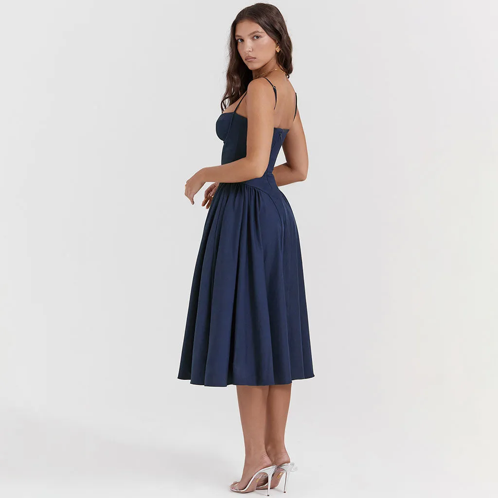 Minimalist Solid Sweetheart Neck Drop Waist Fit and Flare Midi Cami Sundress