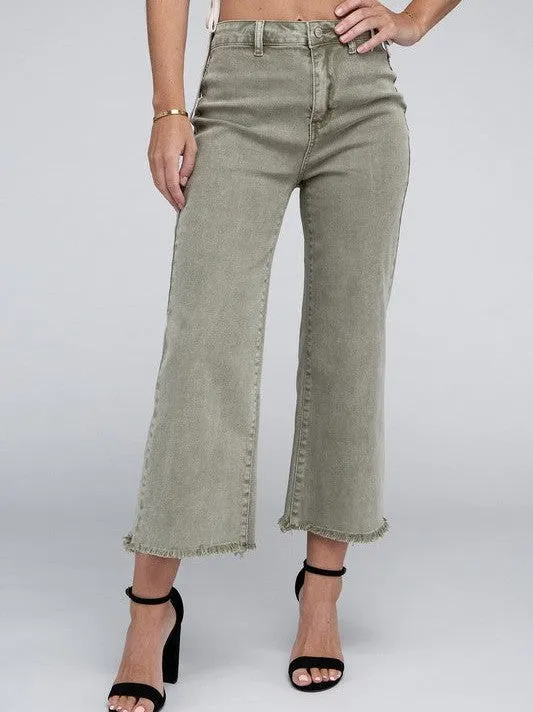 Modern Edge Acid Washed High Waist Cropped Denim Pants with Frayed Hem