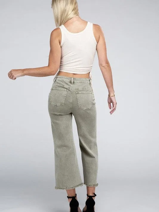 Modern Edge Acid Washed High Waist Cropped Denim Pants with Frayed Hem