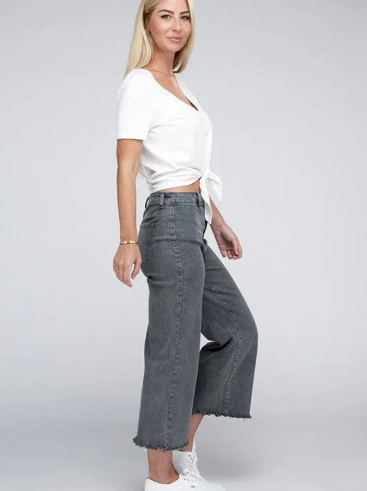 Modern Edge Acid Washed High Waist Cropped Denim Pants with Frayed Hem