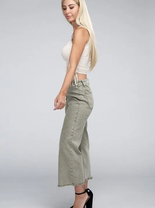 Modern Edge Acid Washed High Waist Cropped Denim Pants with Frayed Hem