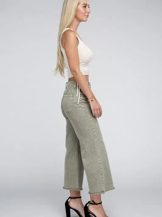 Modern Edge Acid Washed High Waist Cropped Denim Pants with Frayed Hem