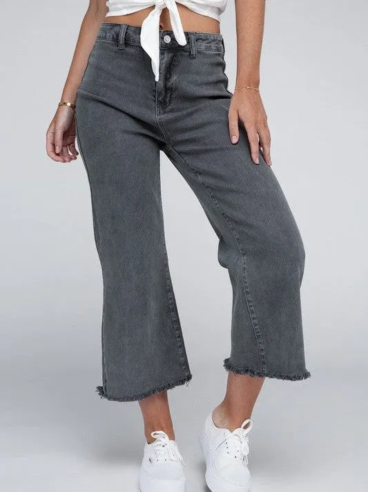 Modern Edge Acid Washed High Waist Cropped Denim Pants with Frayed Hem