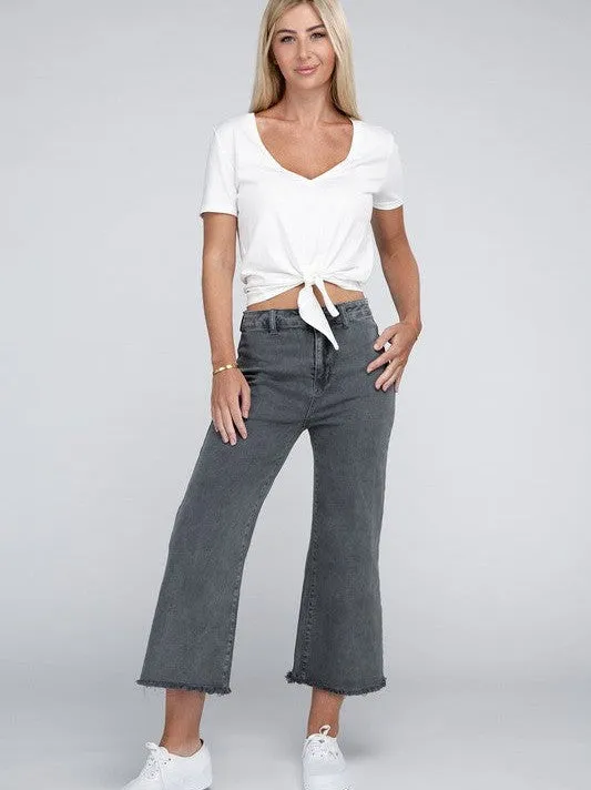 Modern Edge Acid Washed High Waist Cropped Denim Pants with Frayed Hem