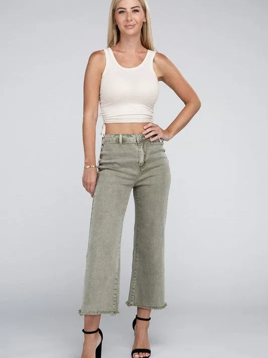 Modern Edge Acid Washed High Waist Cropped Denim Pants with Frayed Hem