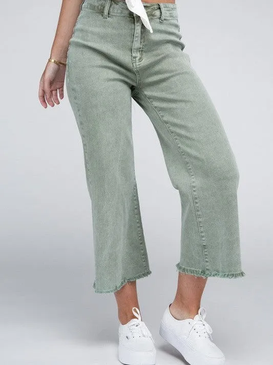 Modern Edge Acid Washed High Waist Cropped Denim Pants with Frayed Hem