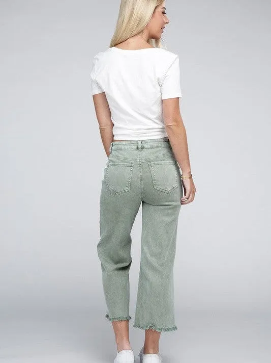 Modern Edge Acid Washed High Waist Cropped Denim Pants with Frayed Hem