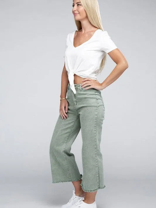 Modern Edge Acid Washed High Waist Cropped Denim Pants with Frayed Hem