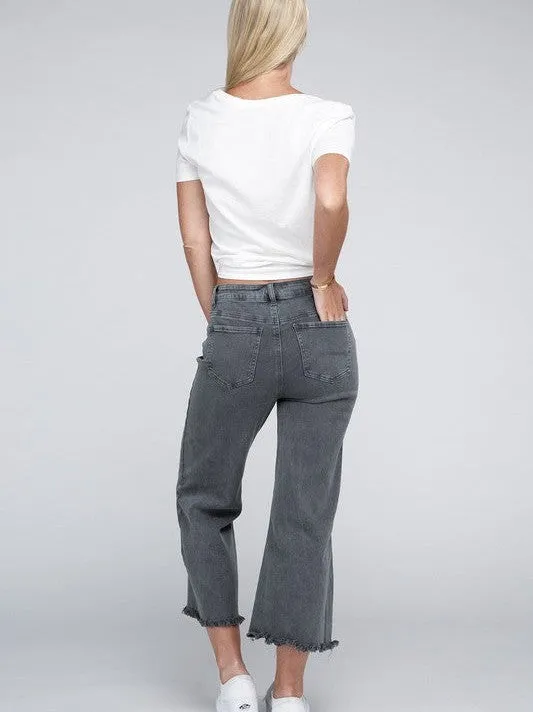 Modern Edge Acid Washed High Waist Cropped Denim Pants with Frayed Hem