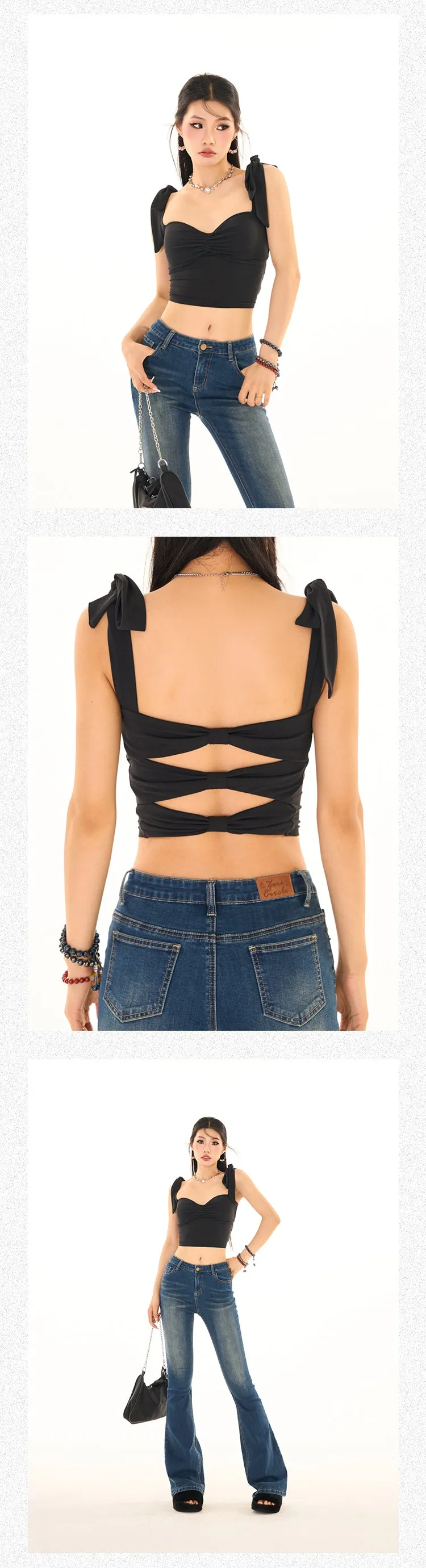 Nora Solid Color Black Ribbon Tie Strap Slim Backless Cut Out Design Top