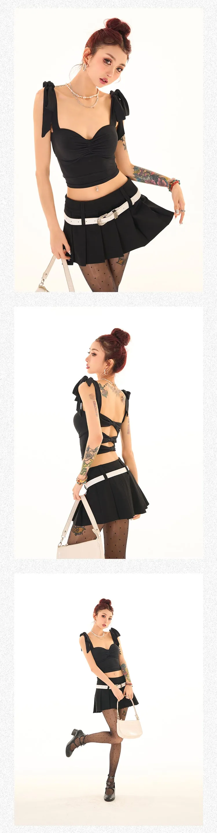 Nora Solid Color Black Ribbon Tie Strap Slim Backless Cut Out Design Top