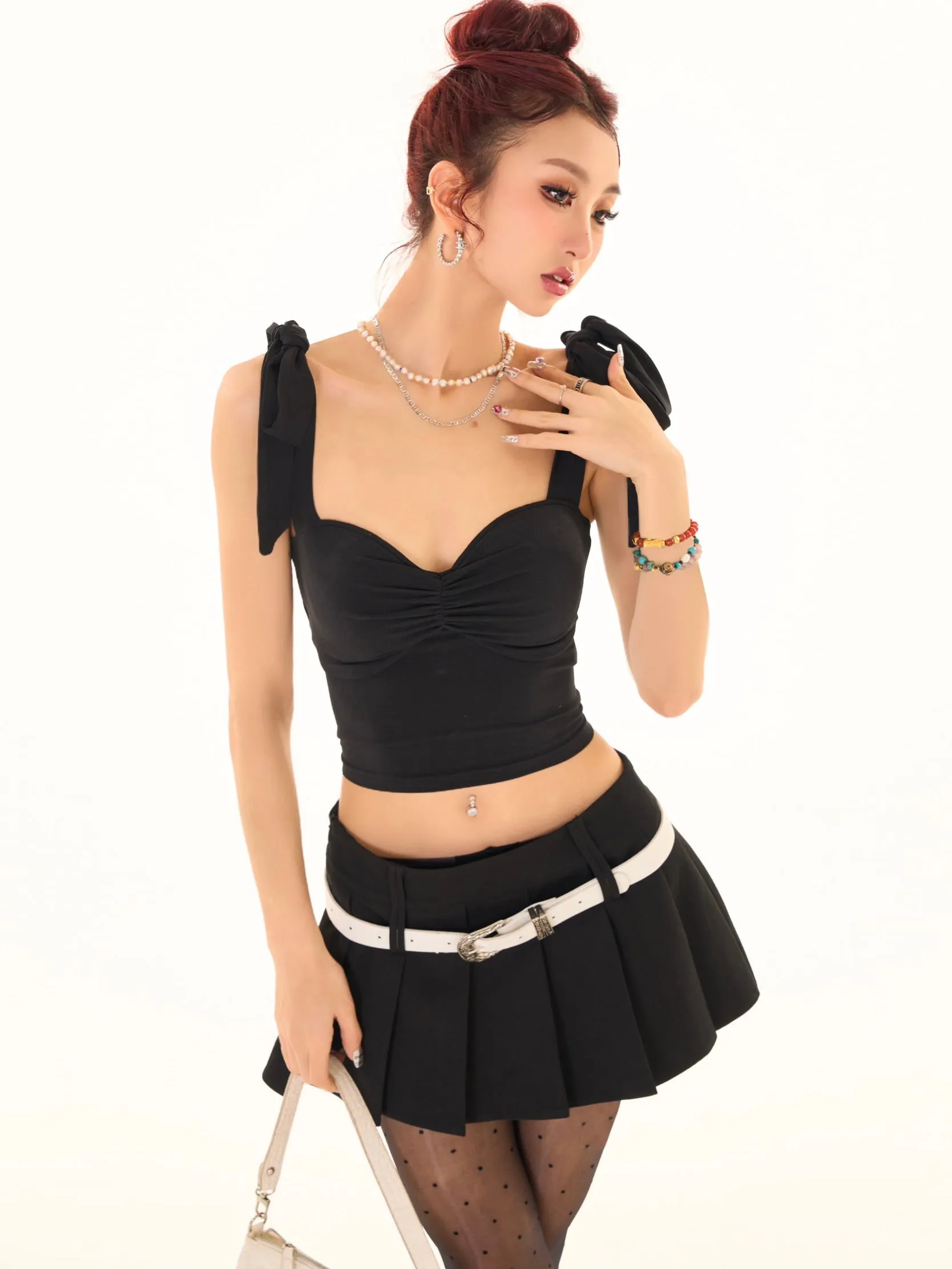 Nora Solid Color Black Ribbon Tie Strap Slim Backless Cut Out Design Top