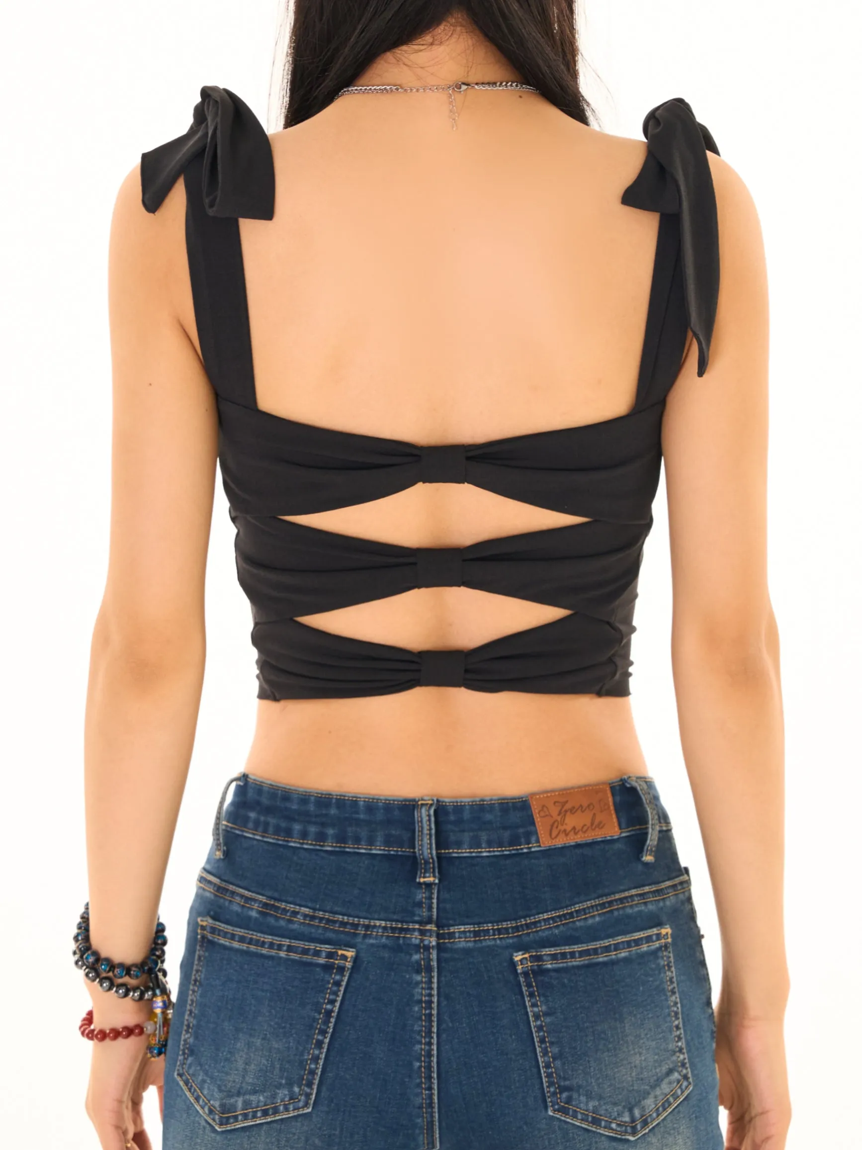 Nora Solid Color Black Ribbon Tie Strap Slim Backless Cut Out Design Top