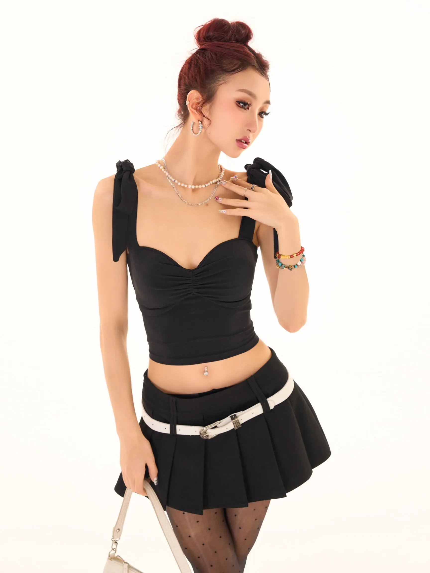 Nora Solid Color Black Ribbon Tie Strap Slim Backless Cut Out Design Top