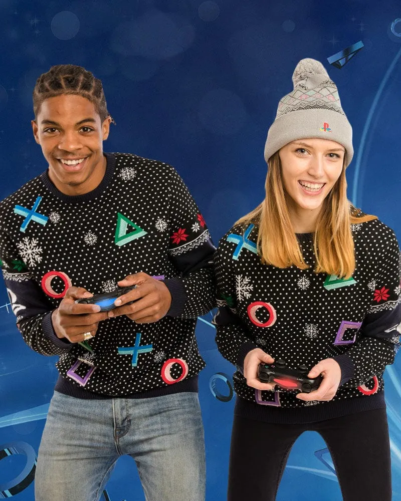 Official PlayStation Symbols Black Christmas Jumper / Ugly Sweater