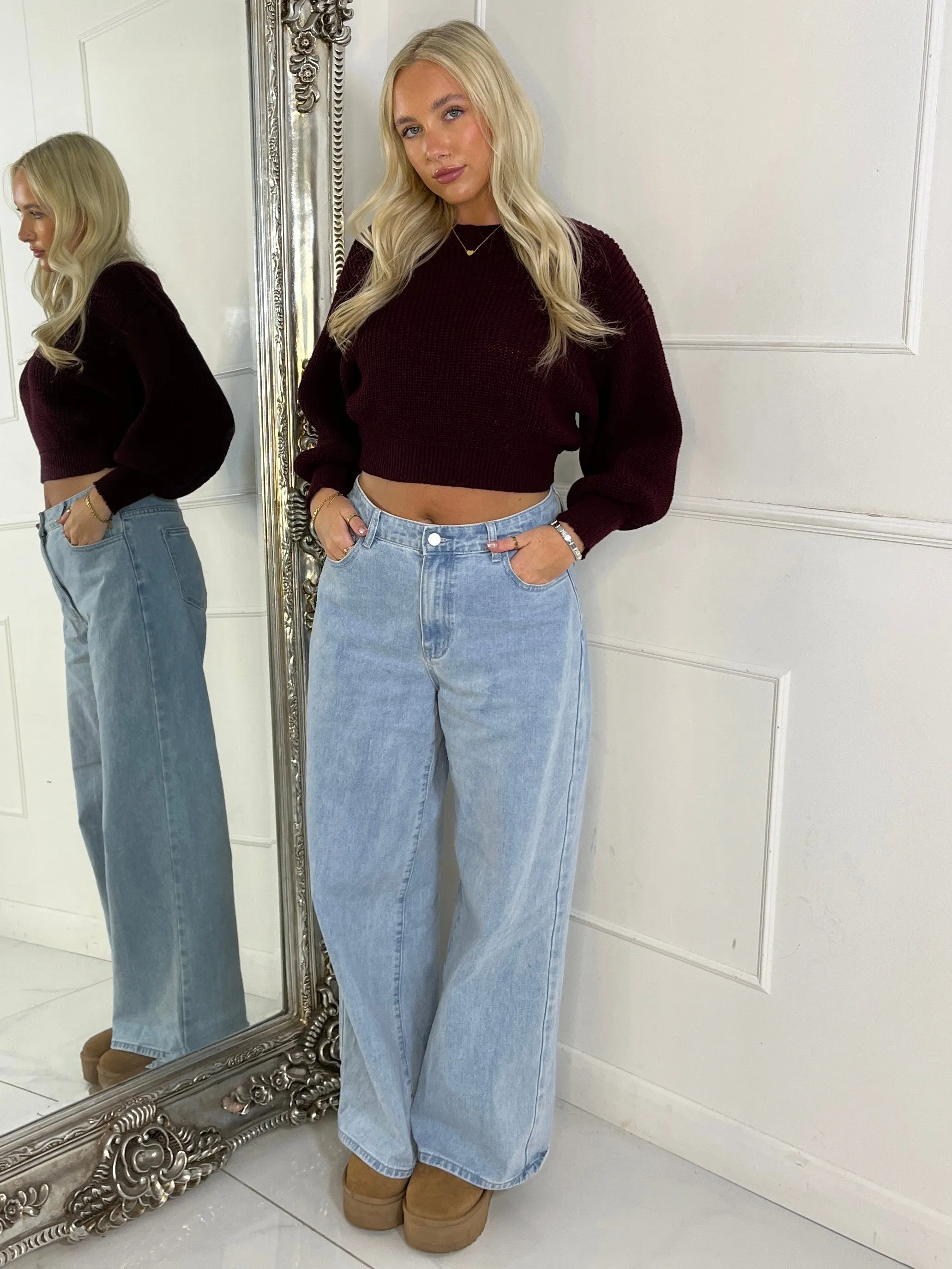 Plain Cropped Knitted Jumper - Wine