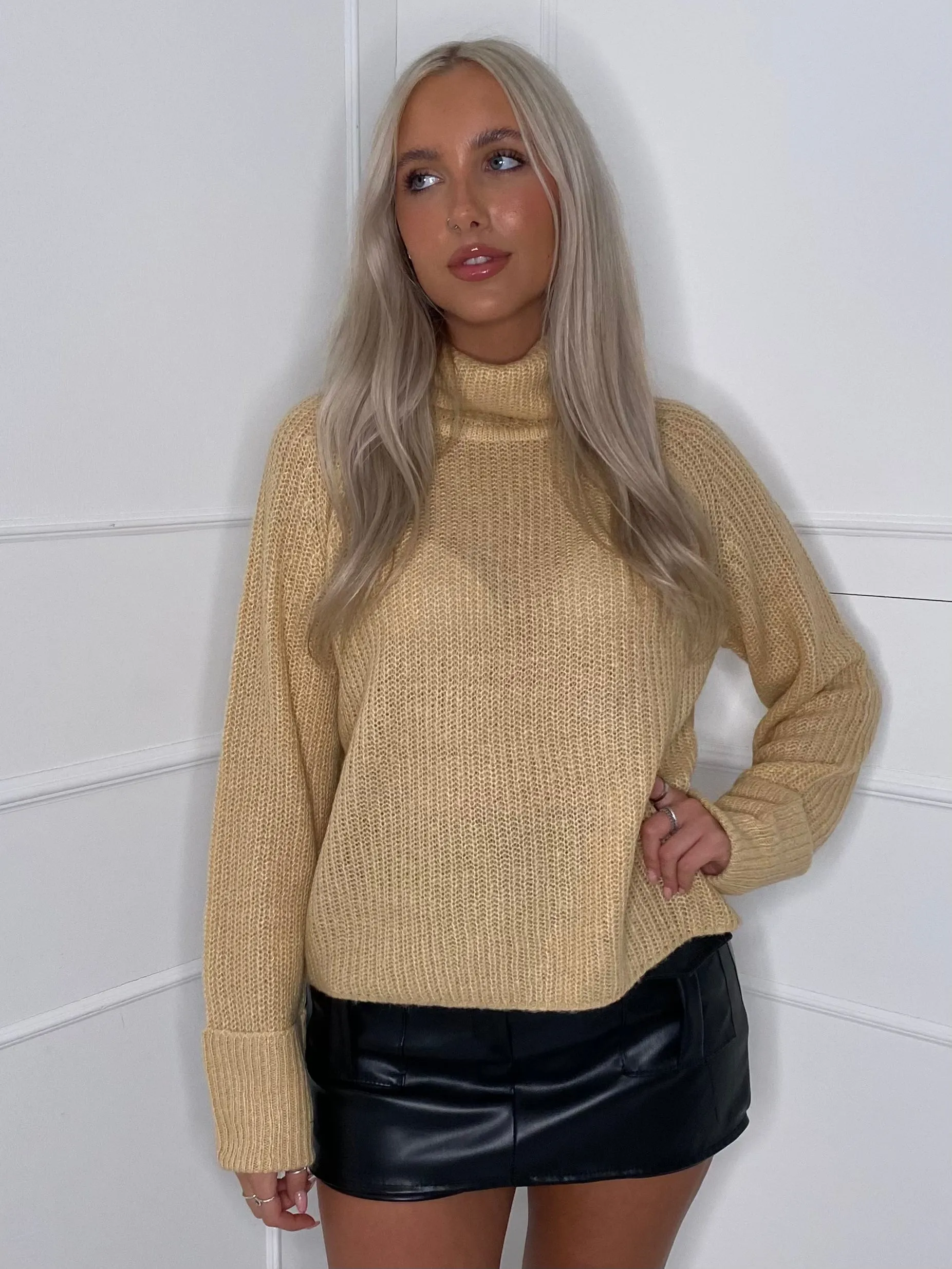 Plain Roll Neck Jumper with Cuffed Sleeves - Beige