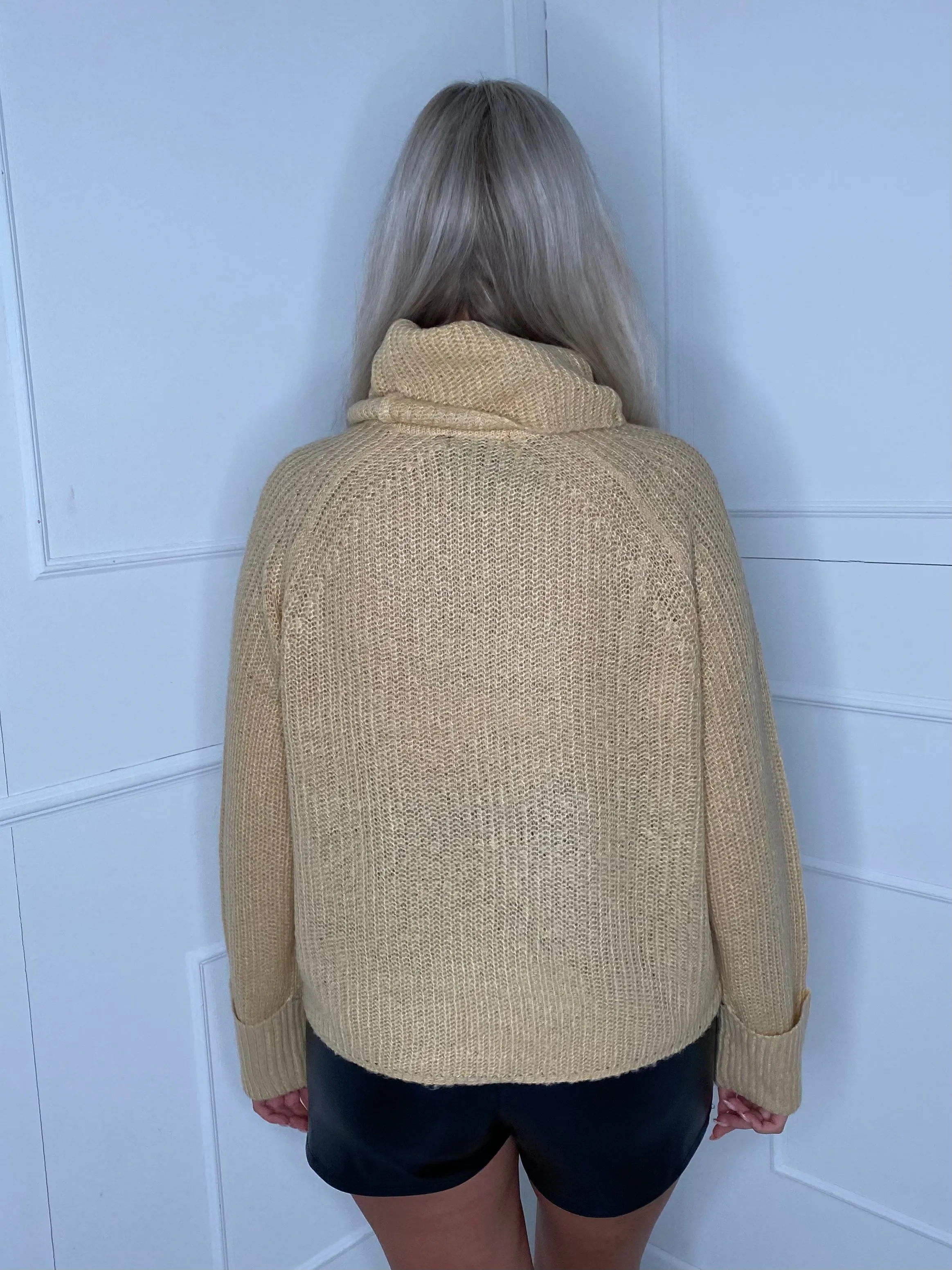 Plain Roll Neck Jumper with Cuffed Sleeves - Beige